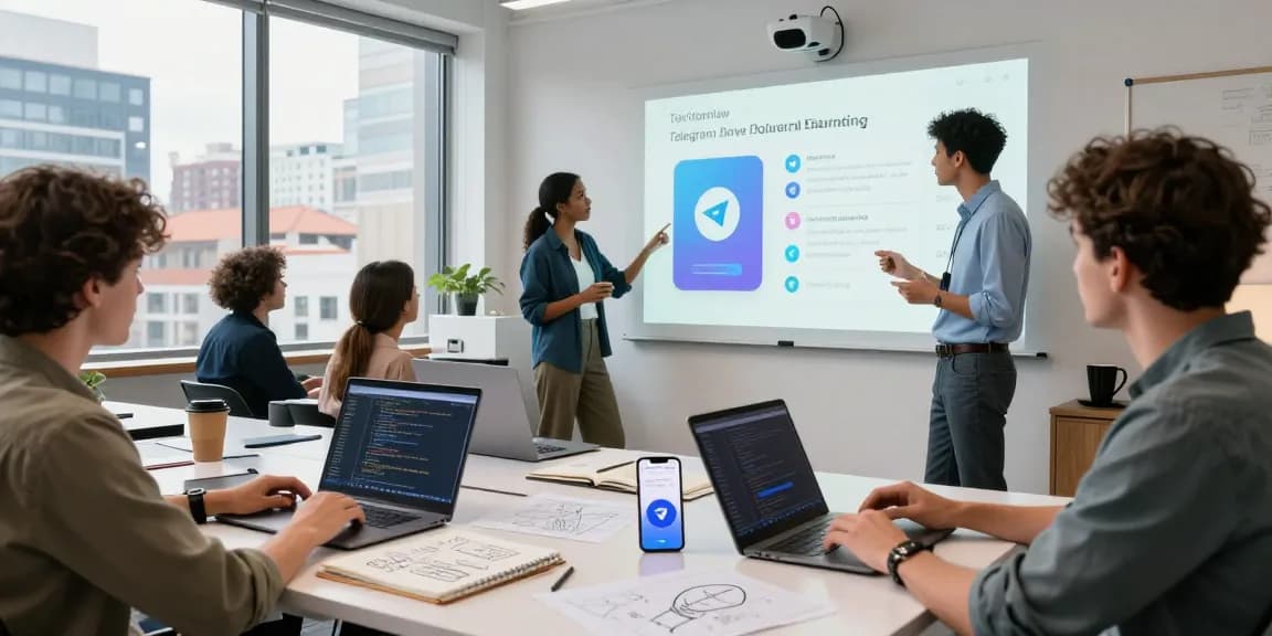 Dynamic tech team discussing the latest Telegram download features in a modern workspace