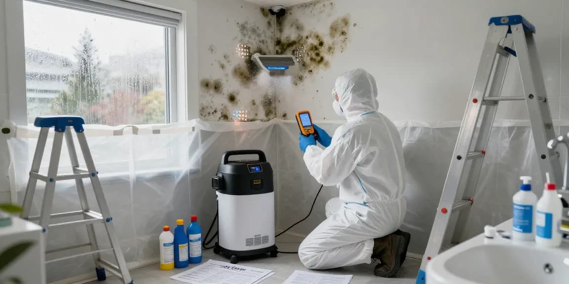 Mold Remediation West Vancouver technician inspecting a bathroom for mold, highlighting IICRC standards and containment practices.