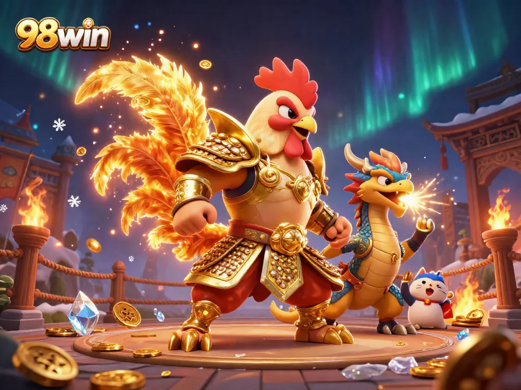 Experience the thrilling action of 98win with a warrior rooster and dragon in an intense casino showdown.