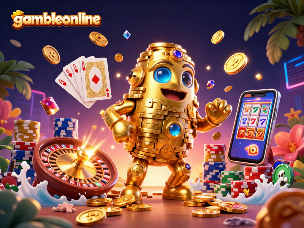 Engage with gambleonline through a dynamic casino scene featuring a golden golem and vibrant game elements.