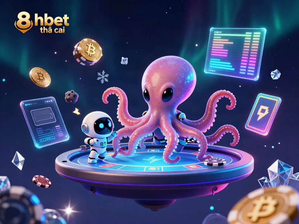 Engage with 8xbet nhà cái at a holographic poker table alongside a vibrant alien octopus.