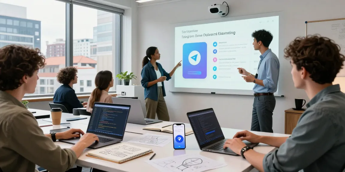 Dynamic tech team discussing the latest Telegram download features in a modern workspace