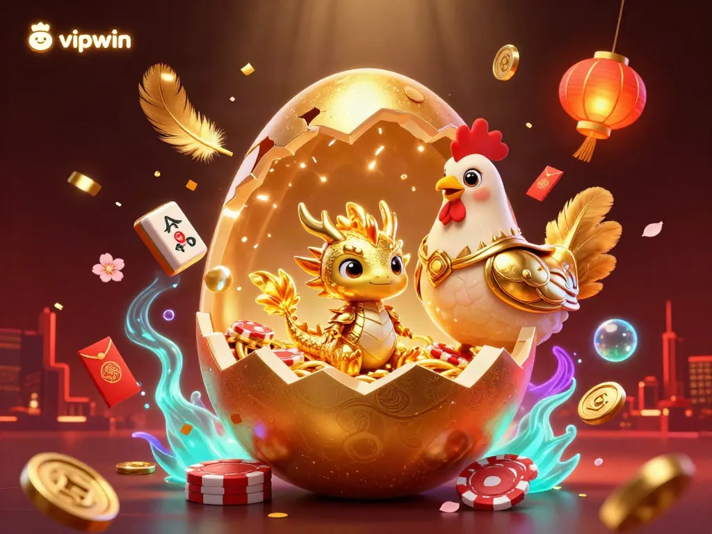 Experience the magic of vipwin with a golden dragon and poker chips in a vibrant casino scene.