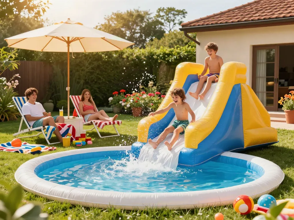 Children sliding down an inflatable water slide in a vibrant backyard setting, showcasing fun and enjoyment.
