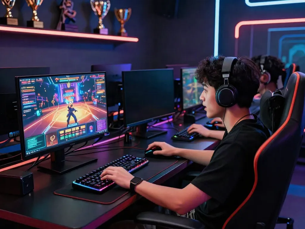 Engaged gamer playing at a modern gaming desk, showcasing online casino action related to https://du88az.net/.