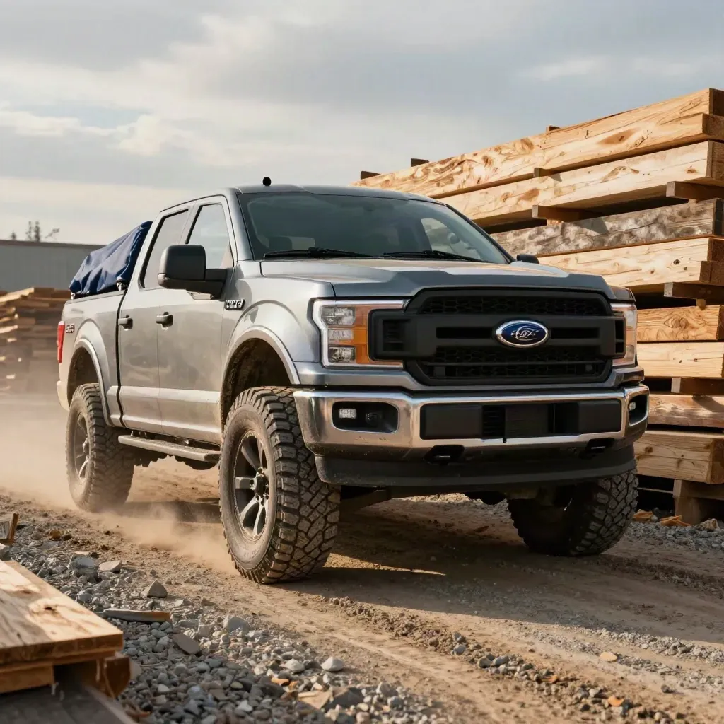Floor-level Ford F-150 XLT pushing through gravel beside stacked lumber under cloudy light.