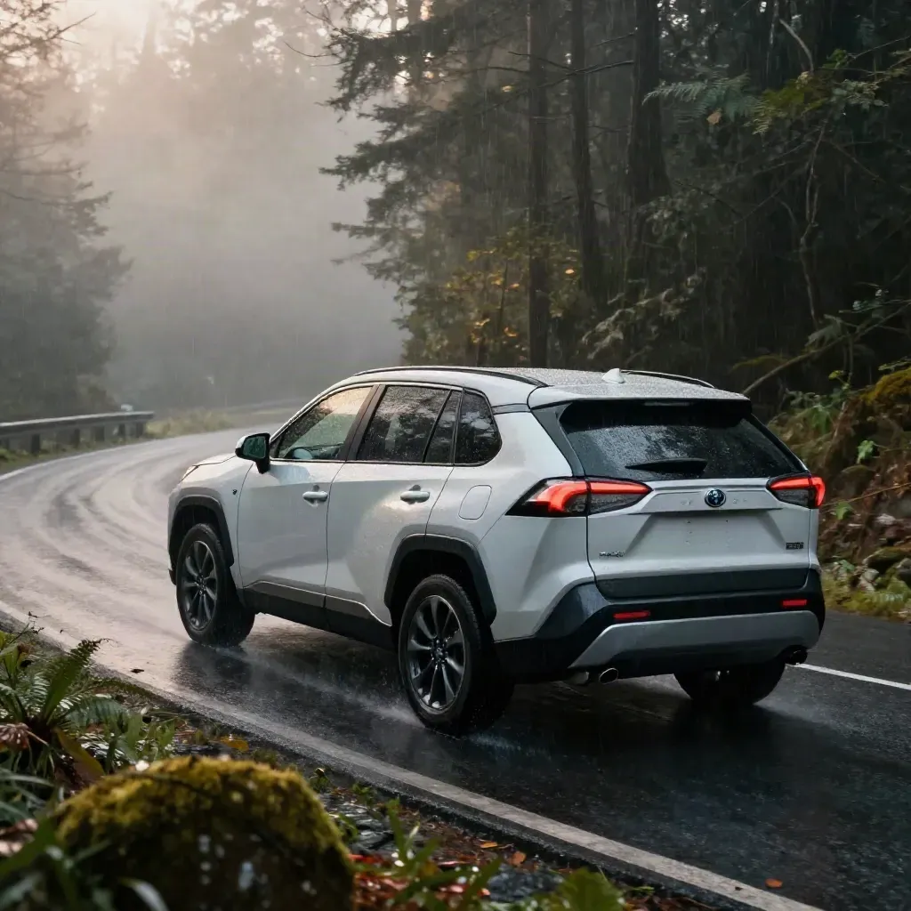 RAV4 Hybrid turning on a wet forest road at dawn in mist