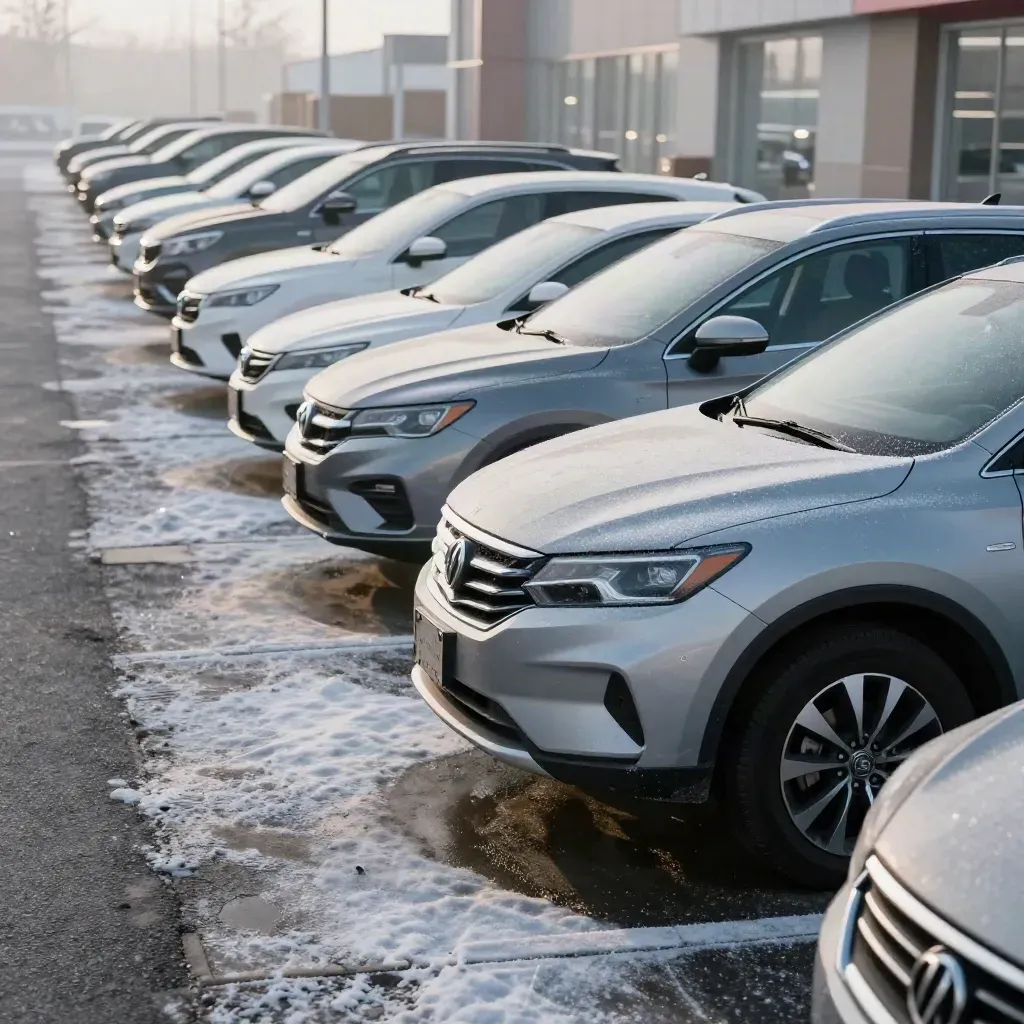 Late-model sedans and SUVs lined up on a frosty Canadian lot in soft morning haze.