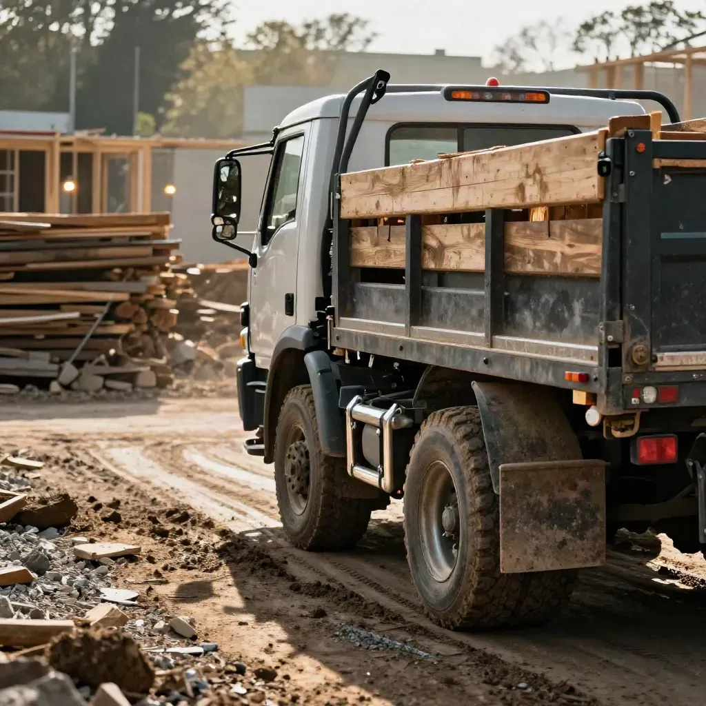 Crew-cab work truck and utility trailer reversing beside stacked lumber at a muddy job site.