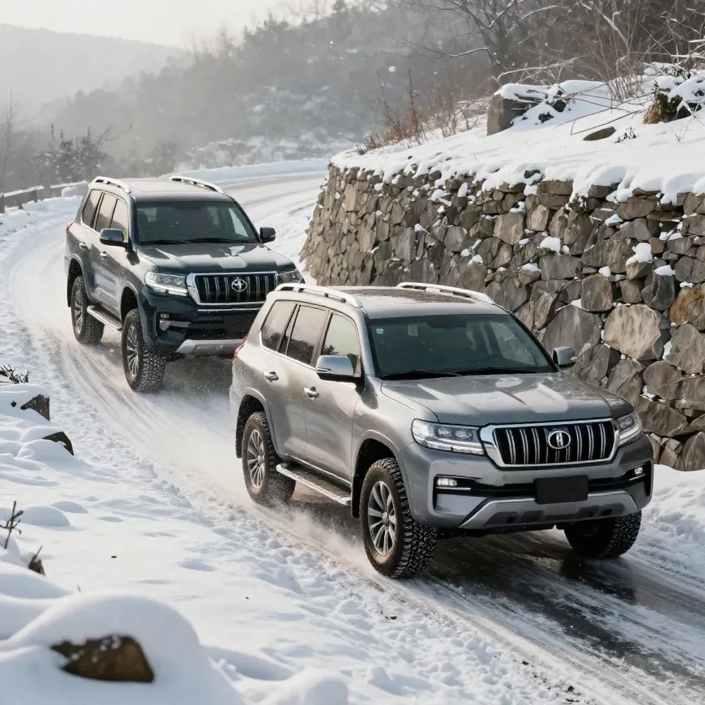 Three AWD SUVs climb a snowy incline beside a stone wall in falling snow.