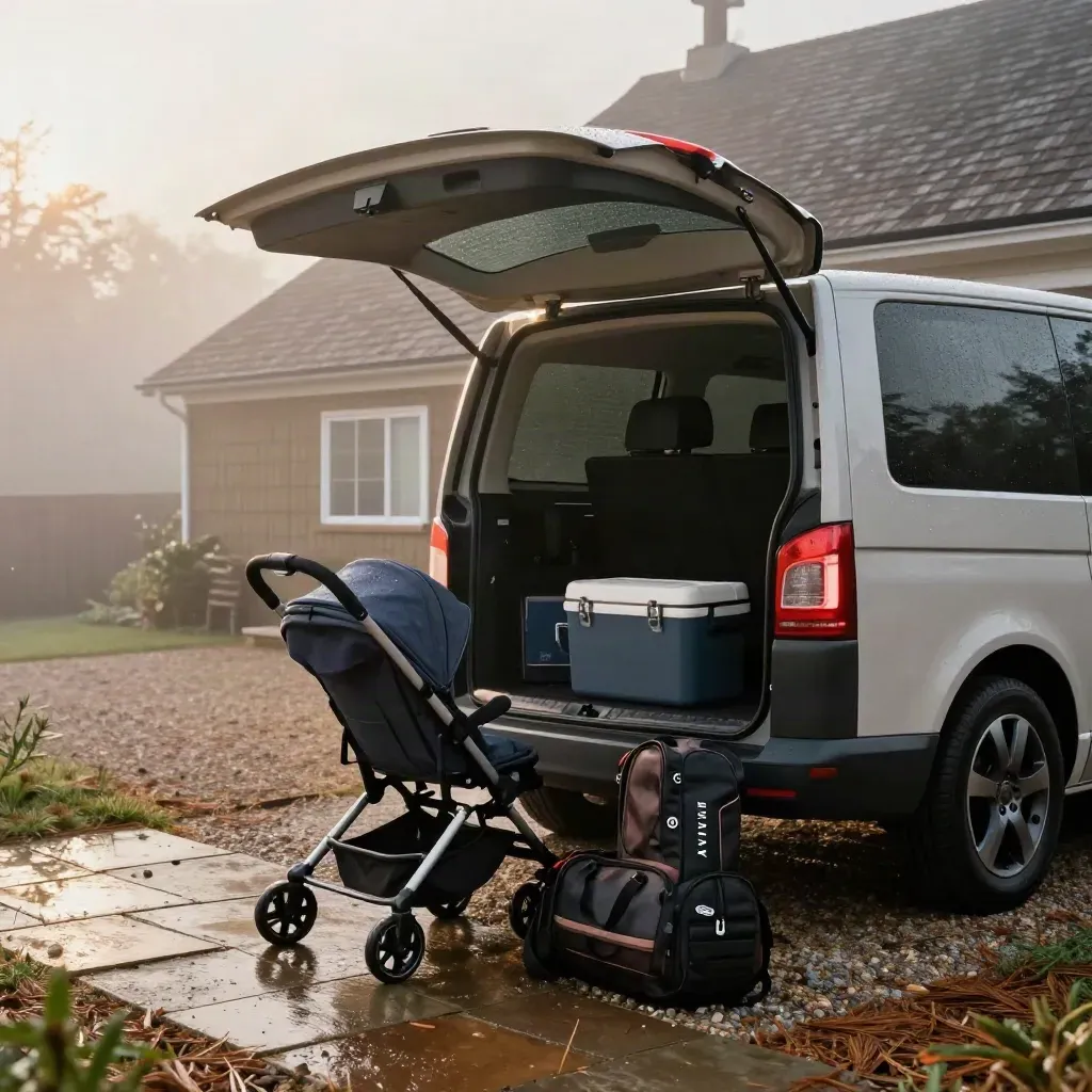 Misty cottage driveway with an open van hatch, stroller, cooler and hockey bags at the rear.