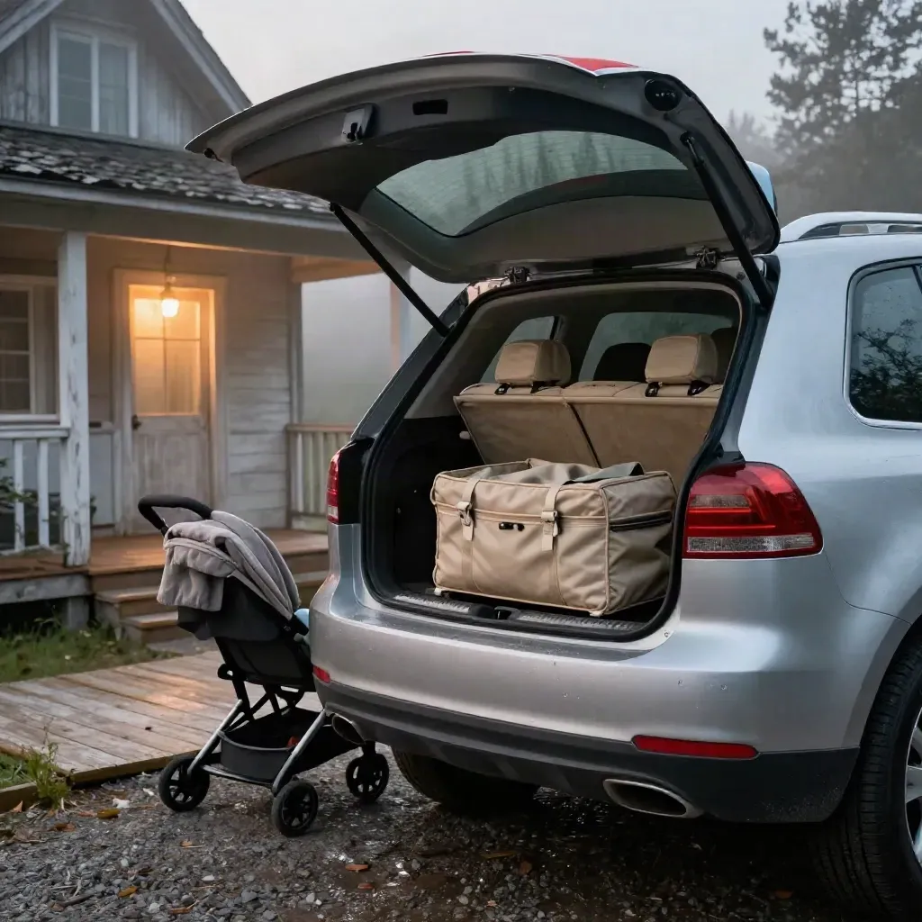 Misty cottage loading scene with an SUV, luggage, stroller, and open hatch.