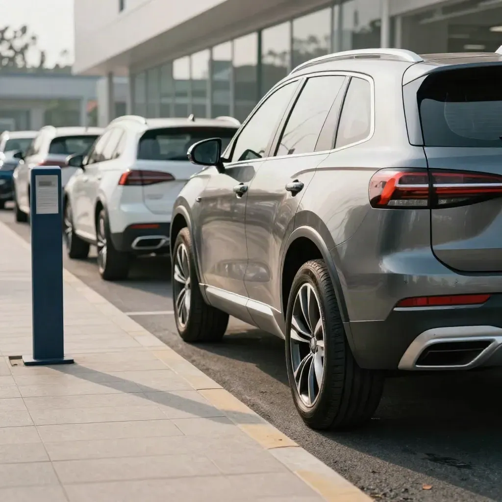 SUV rolls into a misty appraisal lane beside parked cars at a dealership.