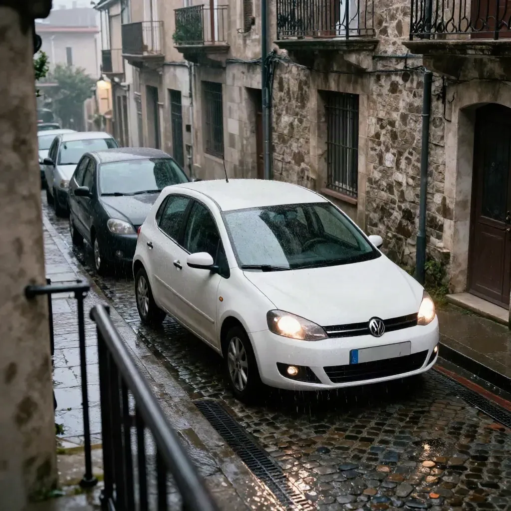White city hatchback slips between parked cars on a wet old-town street after rain.