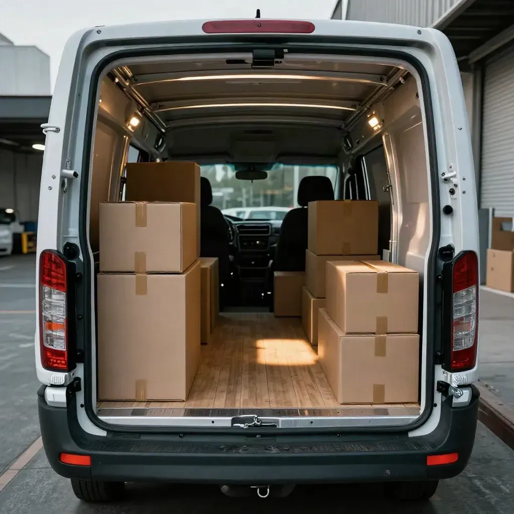 Open cargo van at a warehouse dock with stacked boxes, viewed from the rear doorway.