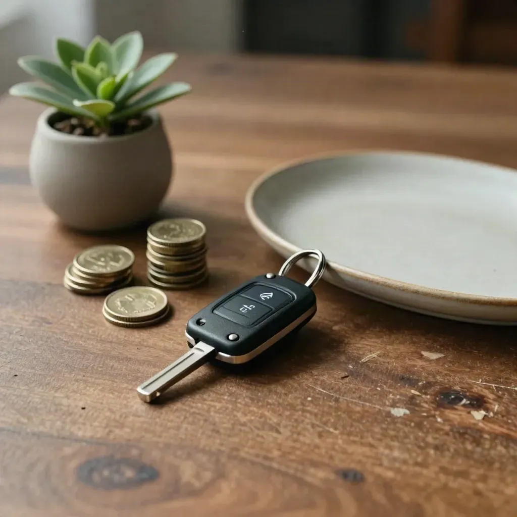 Car key fob, coin stacks and plant on ceramic tray in warm wood light for trade-in value.
