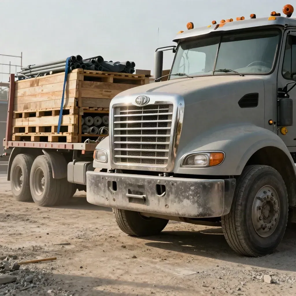 Heavy-duty work truck beside trailer, pallets, and conduit at a hazy jobsite