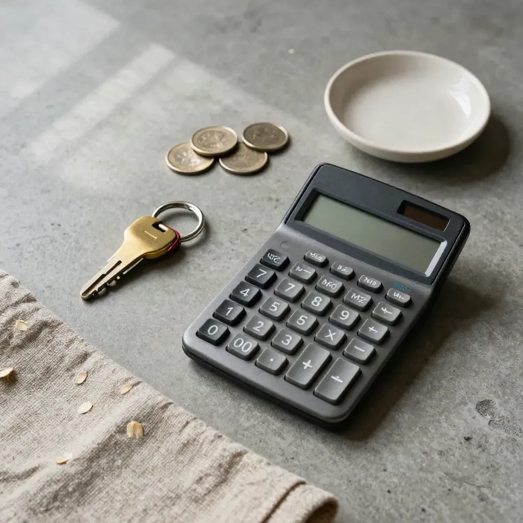 Overhead flatlay of calculator, key fob, coins, linen and dish on concrete.