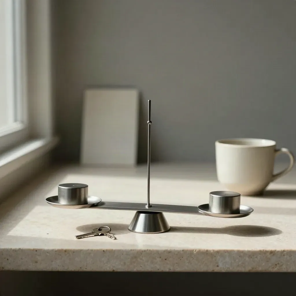 Chrome balance scale with weights, key ring, and ceramic cup on a stone shelf