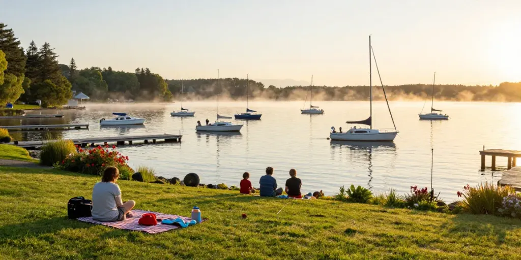 Kawagama lake marina at sunrise, featuring tranquil waters, boats, and families enjoying outdoor activities.