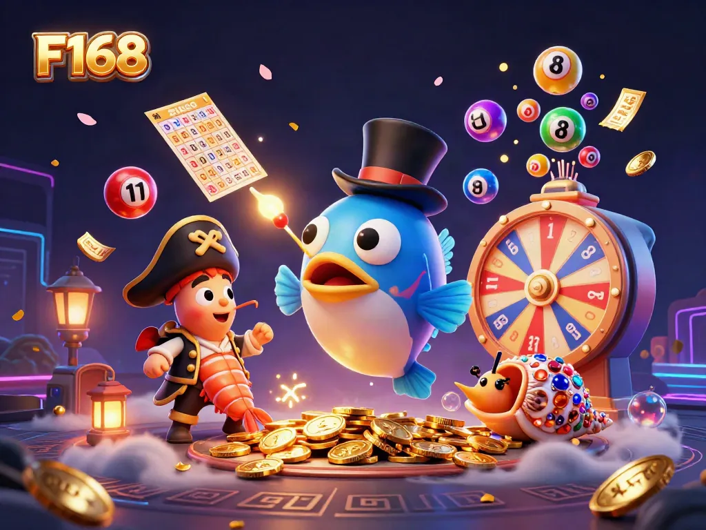Engage with F168's thrilling gaming scene featuring dynamic lottery elements and vibrant characters