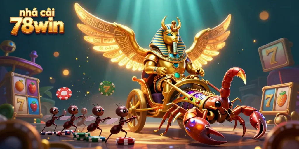 Bet on excitement with nhà cái 78win: 3D illustration of casino entertainment featuring a giant scarab and ornate scorpions.