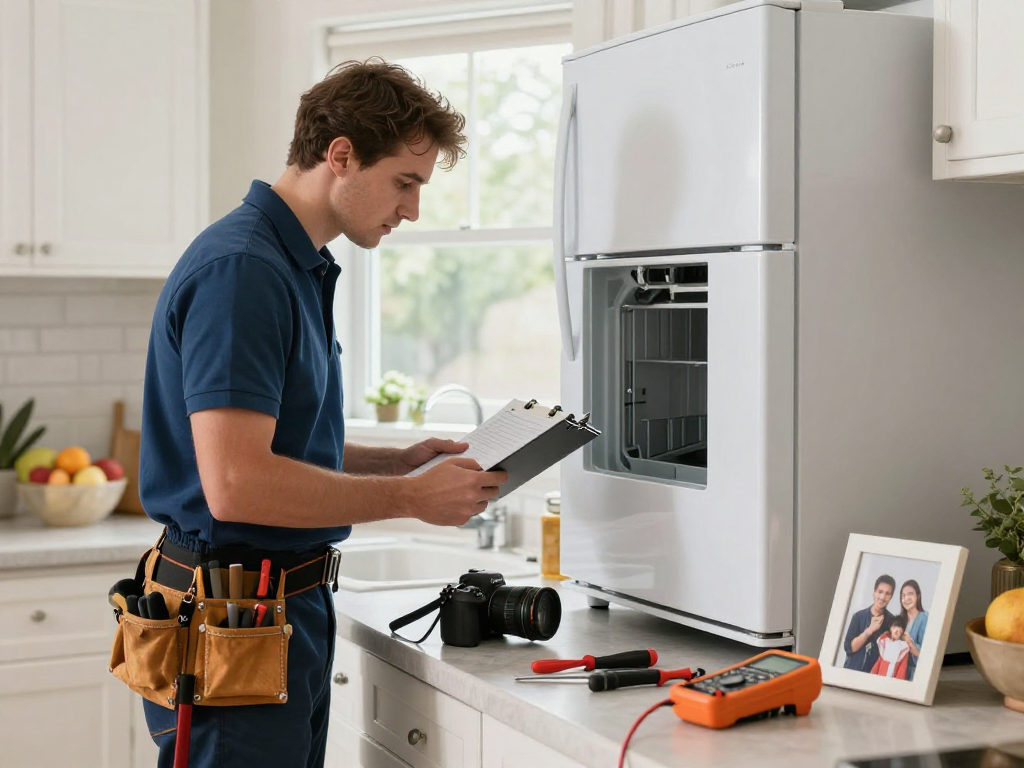 Appliance Repair in Vaughan by a technician inspecting a refrigerator in a kitchen