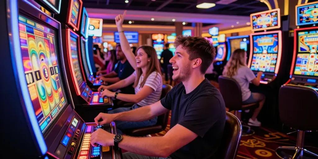 Slot88: Pemain slot bersenang-senang di kasino, lingkungan yang cerah dan penuh warna.