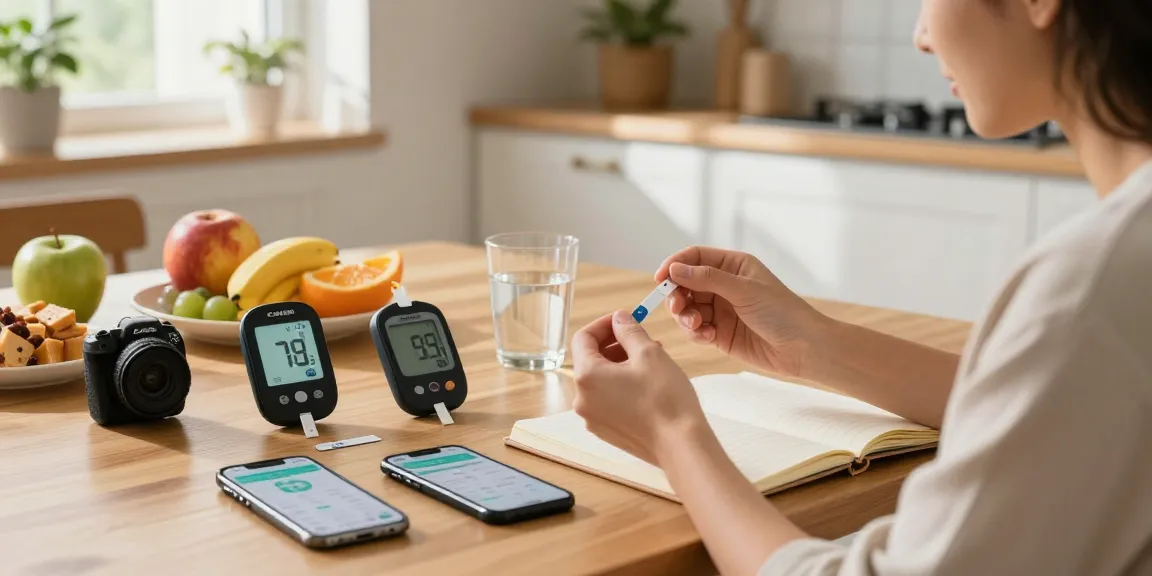 Using Contour Next test strips for a blood glucose check at home, showcasing health-tracking setup and healthy snacks.