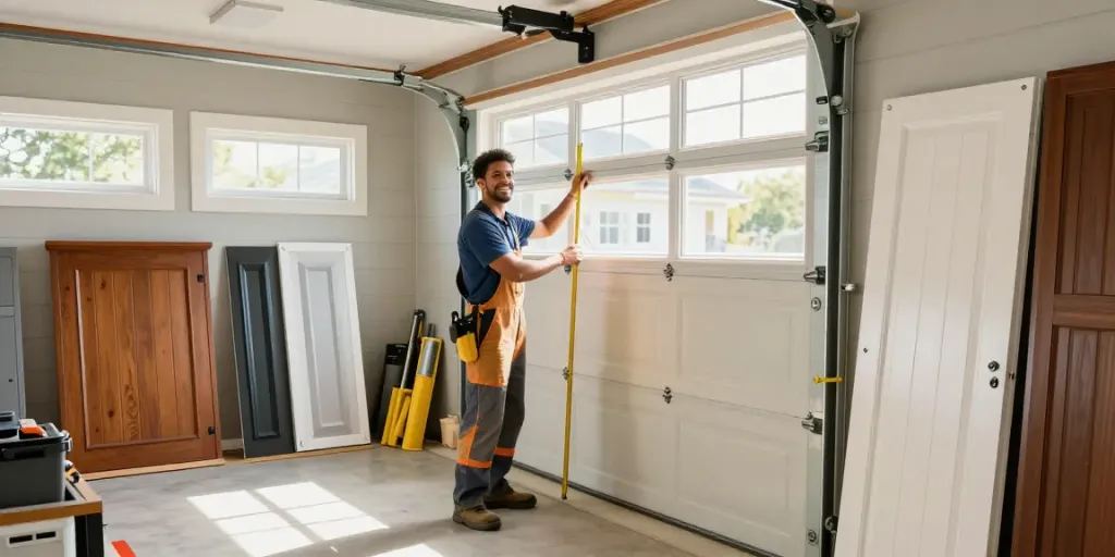 New garage door Niagara Falls installation scene showcasing a professional installer measuring and selecting various door styles.