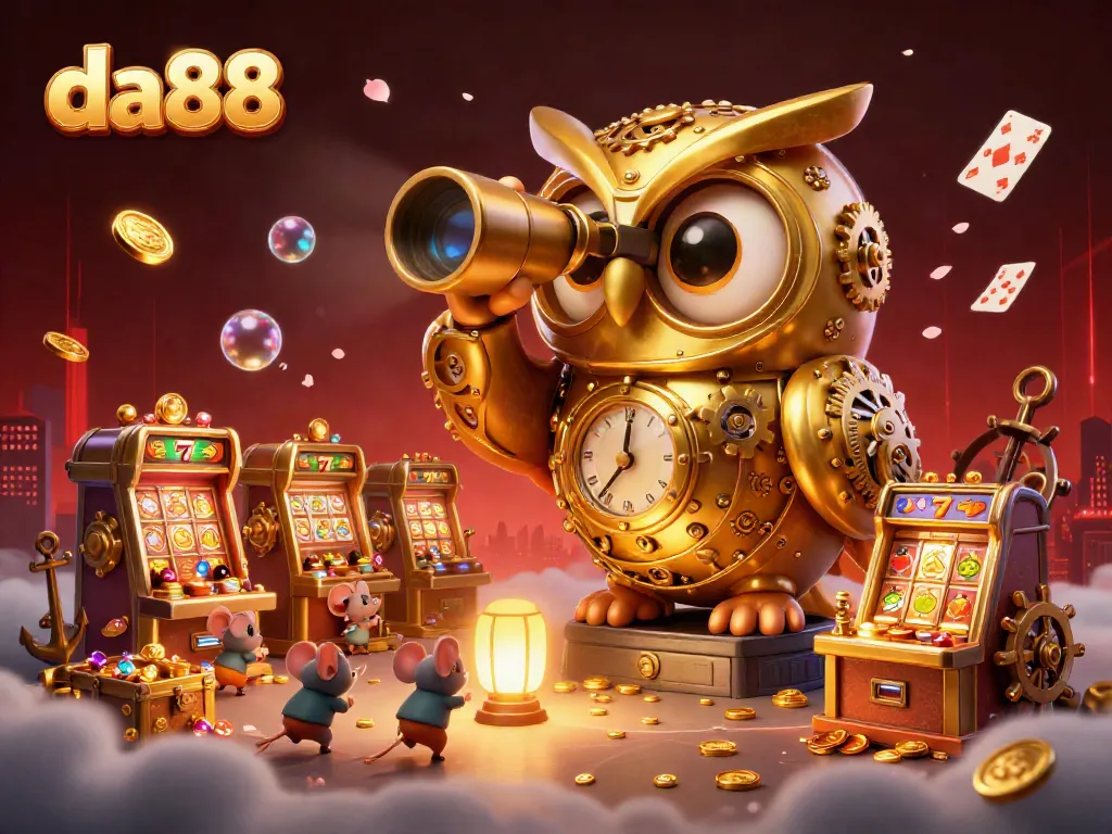 Engage with the thrilling world of da88, featuring a golden owl surveying a vibrant casino scene filled with slot machines.